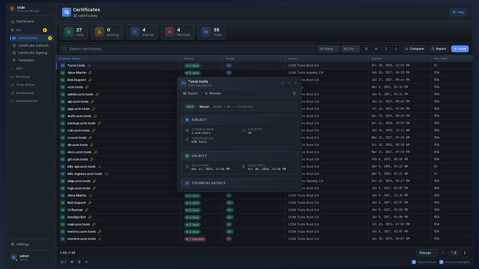 Certificate list with status badges, search, filters, and bulk actions