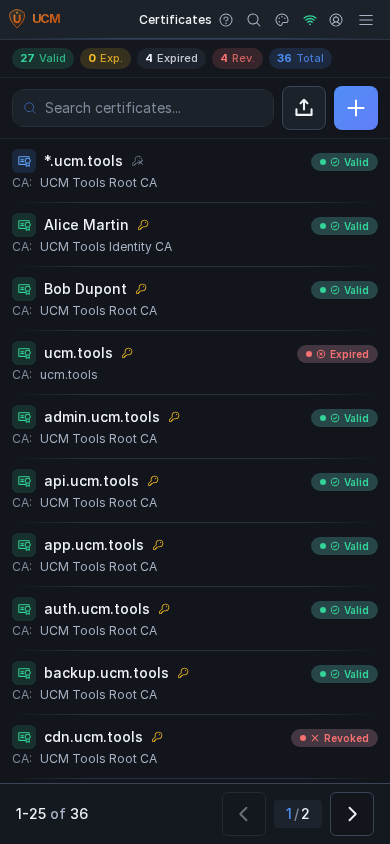 Mobile certificate list with status and search