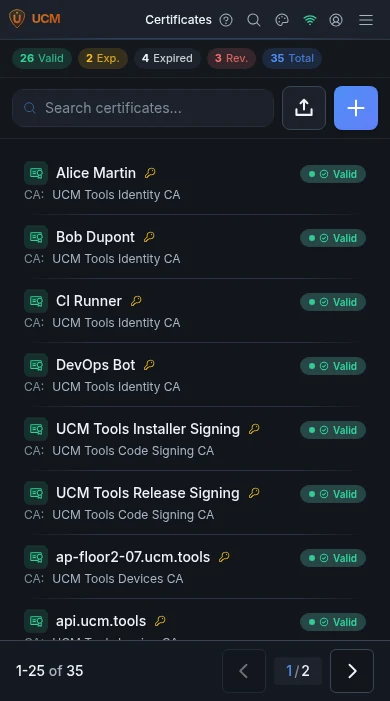 The certificate list on a phone, with search and status filters