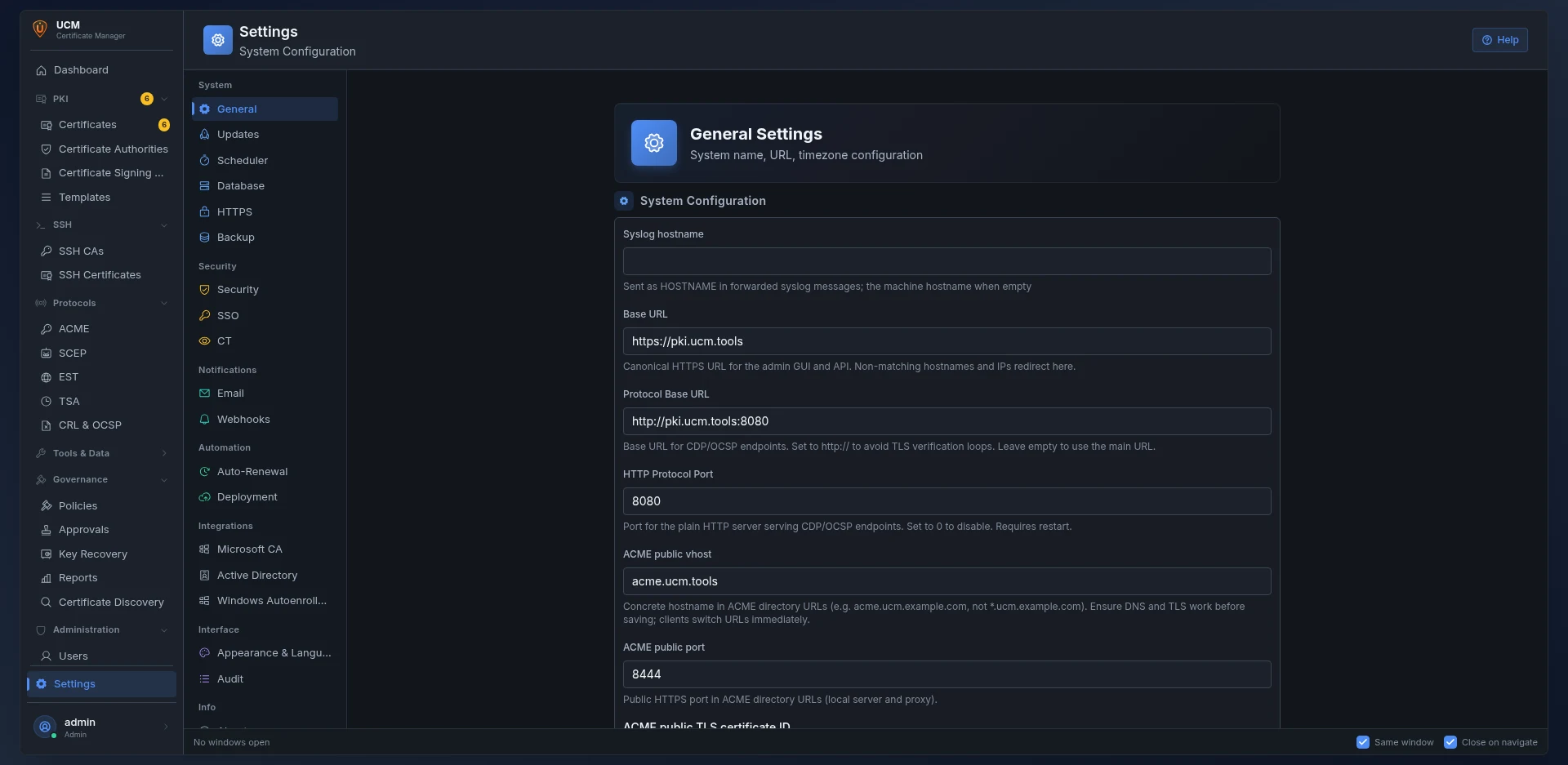 Settings: system, security, notifications, automation, integrations and interface sections