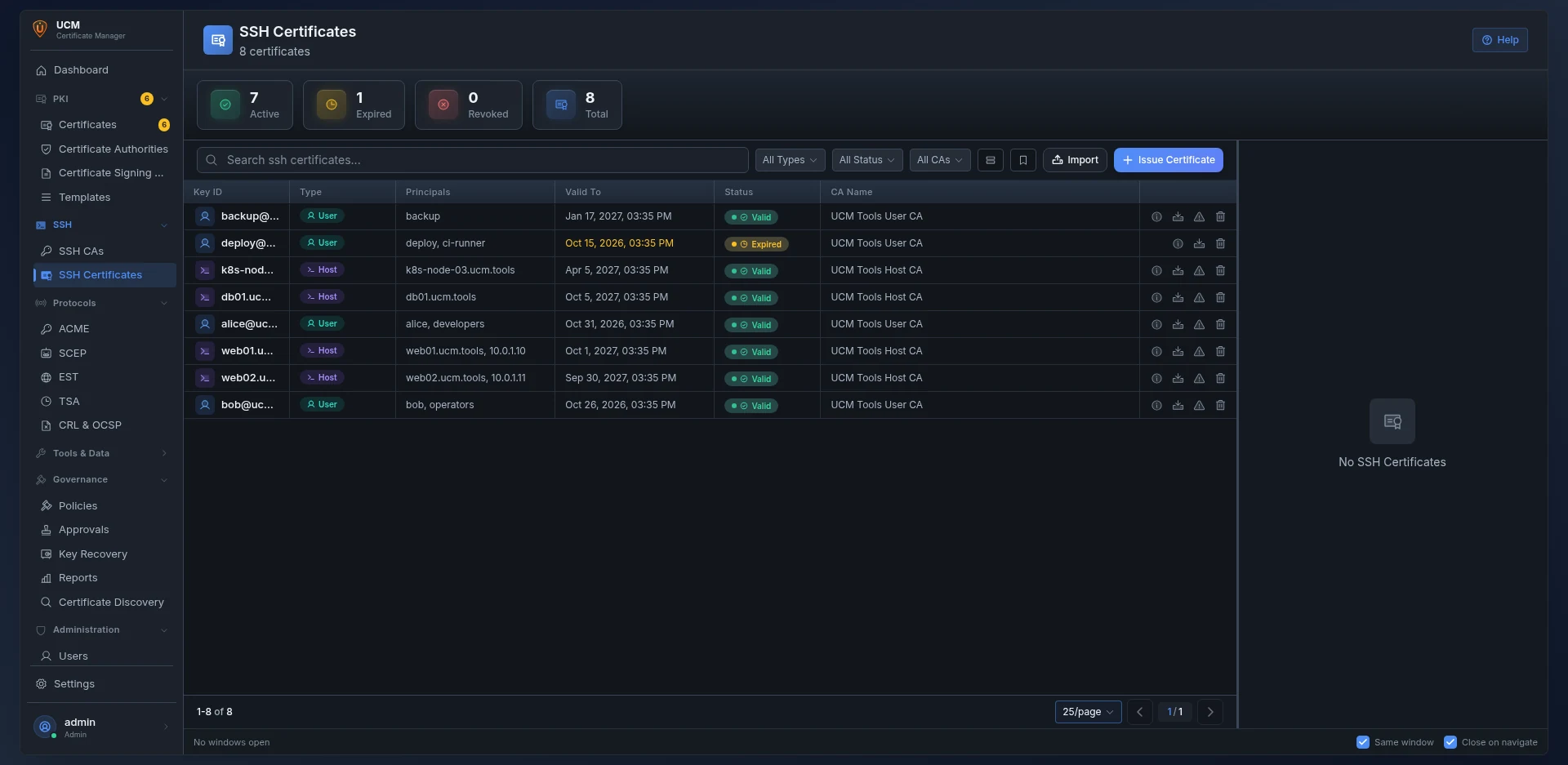 SSH certificate list: key ID, user or host type, principals, validity and issuing SSH CA